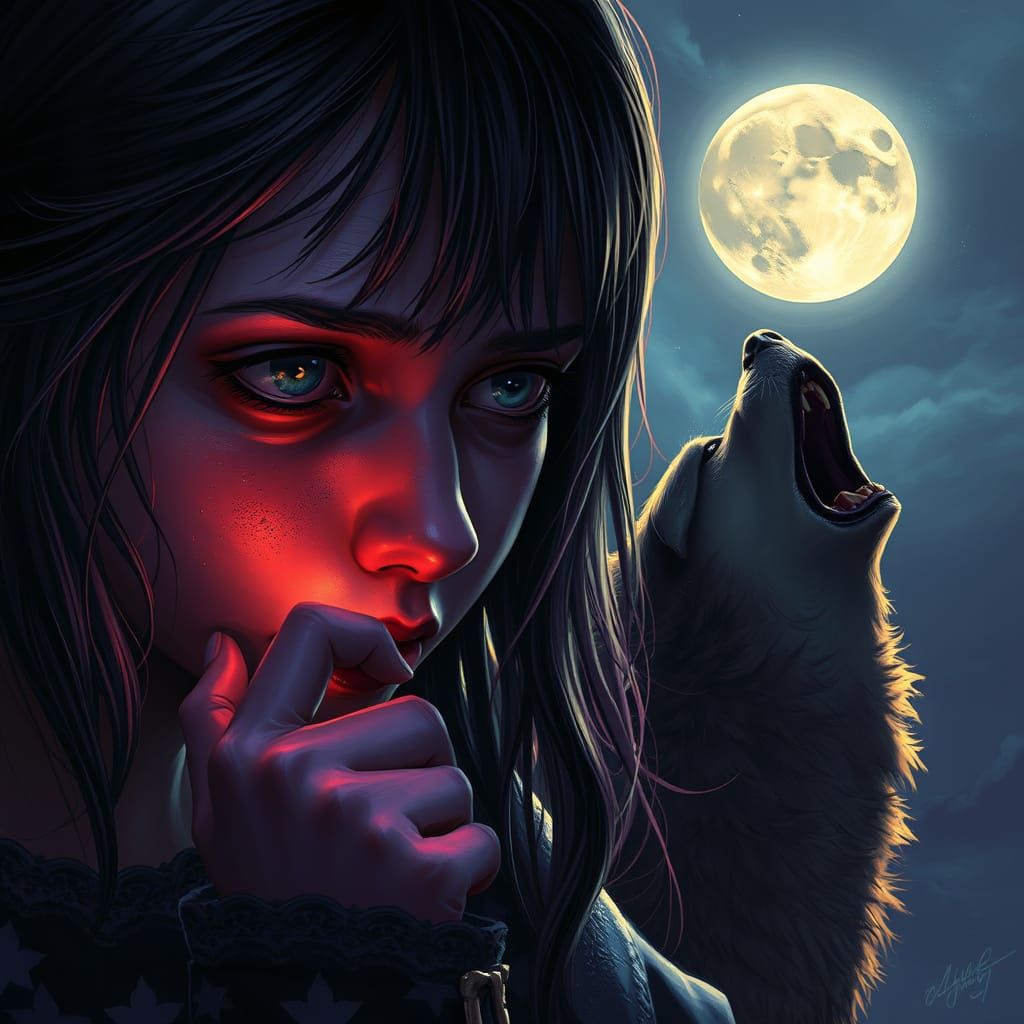 Sad Girl and Howling Dog: Dark Fantasy Art