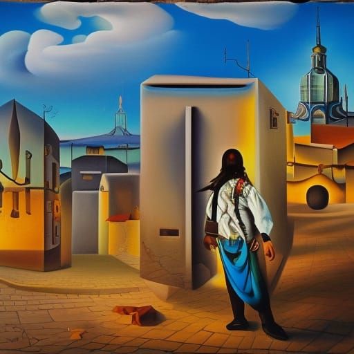 Romani Traveler in Cyberpunk-Folkloric Surrealism