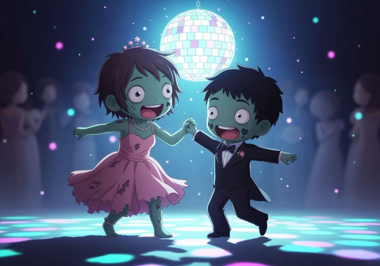 Chibi Zombies Dance at Neon-Lit Prom in Anime Style