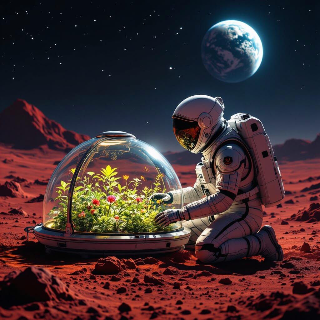 Astronaut's Martian Garden in Hyperrealistic Sci-Fi Style