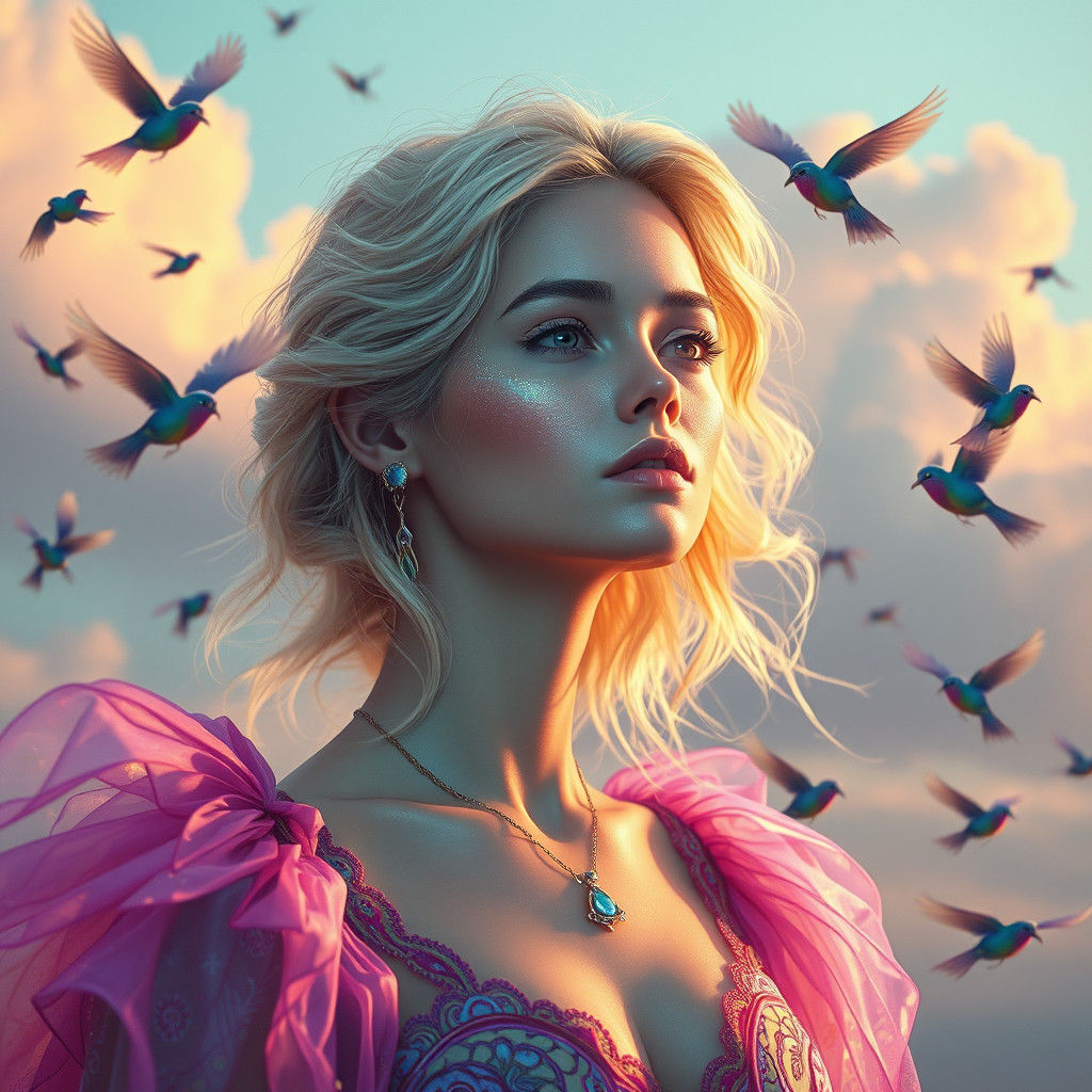 Ethereal Woman with Birds in Fantasy Landscape