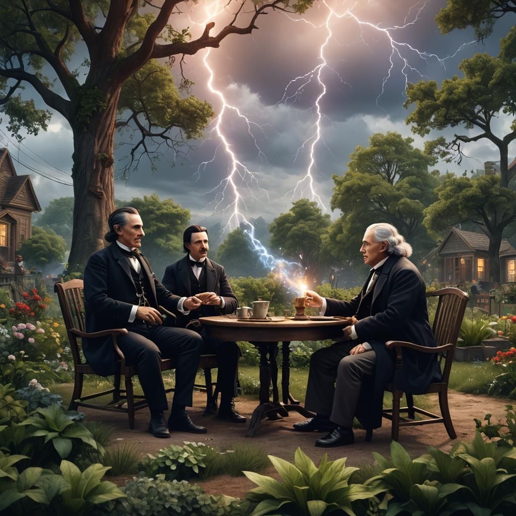 Tesla and Franklin in Garden with Lightnings