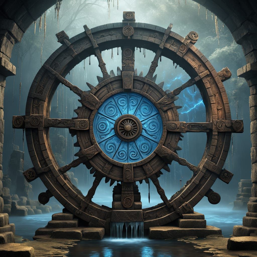 Ancient Waterwheel Seer in Vibrant Neon