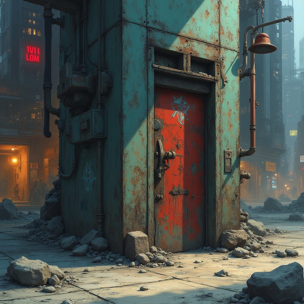 Hidden Door in Cyberpunk Skyscraper: Painterly Style