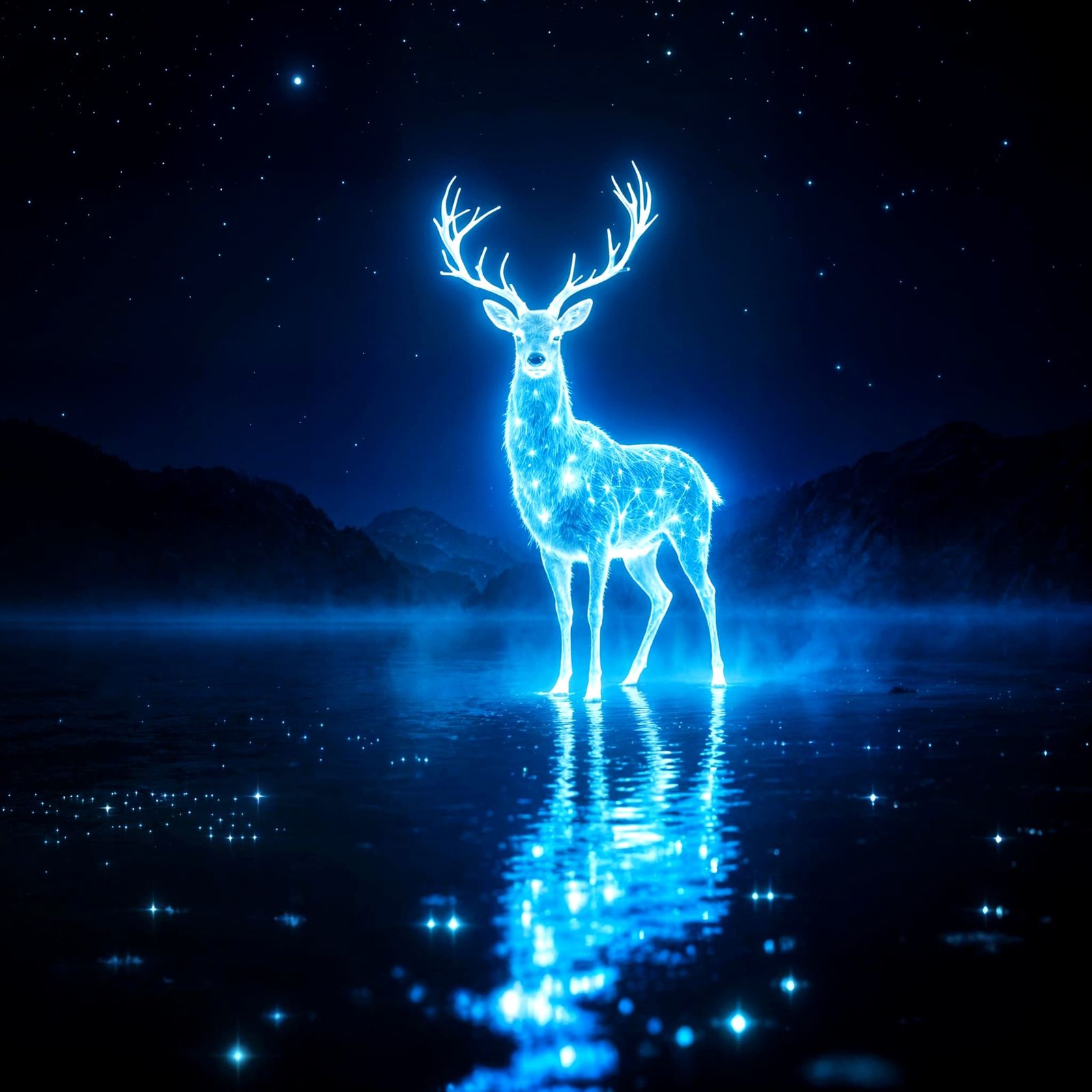 Ethereal Light Deer on a Lake at Night