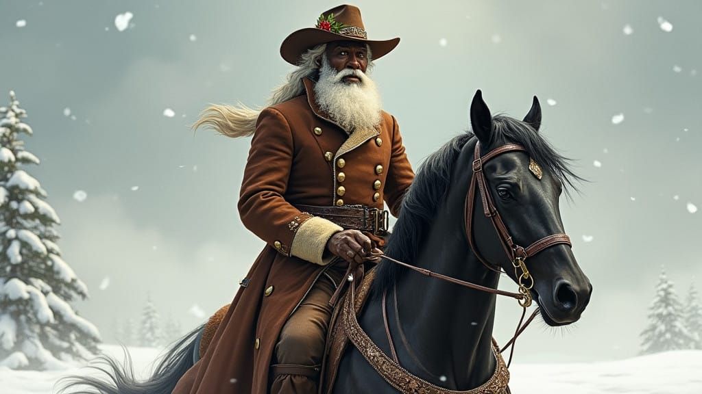 African American Cowboy Santa Rides a Majestic Black Horse T...