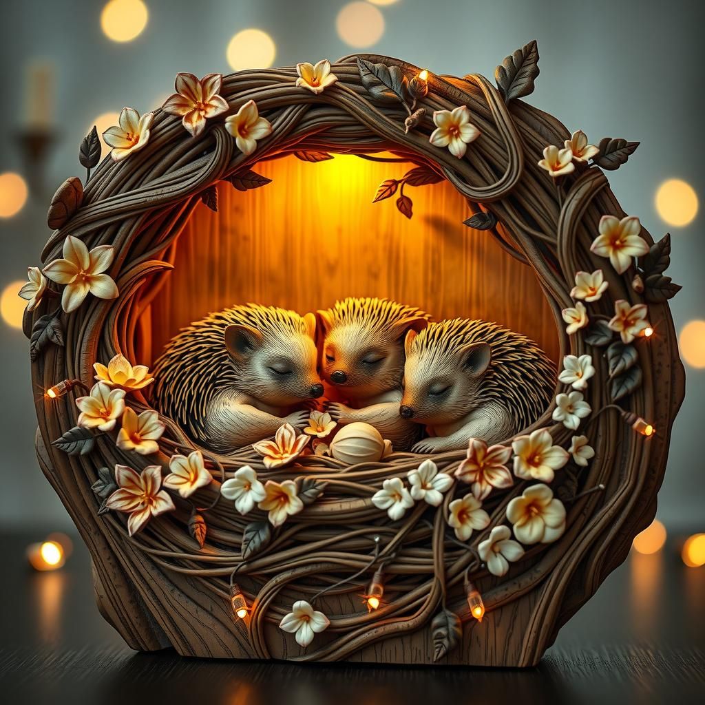 Hedgehogs in Wood Sculpture: Art Nouveau Style