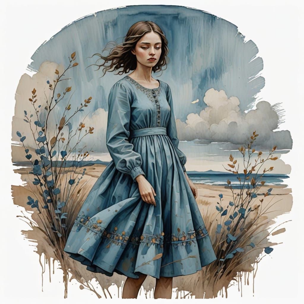 Surreal Portrait of a Modest Girl in a Dreamy Blue Dress