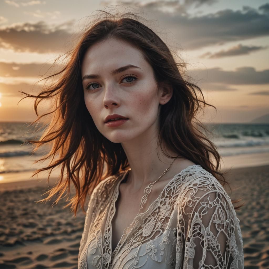 Beautiful Young Woman at Sunset: Hyperrealistic Beach Scene