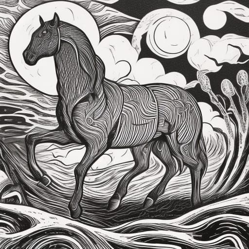 Sleipnir in Monochrome Linocut Nordic Folk Art