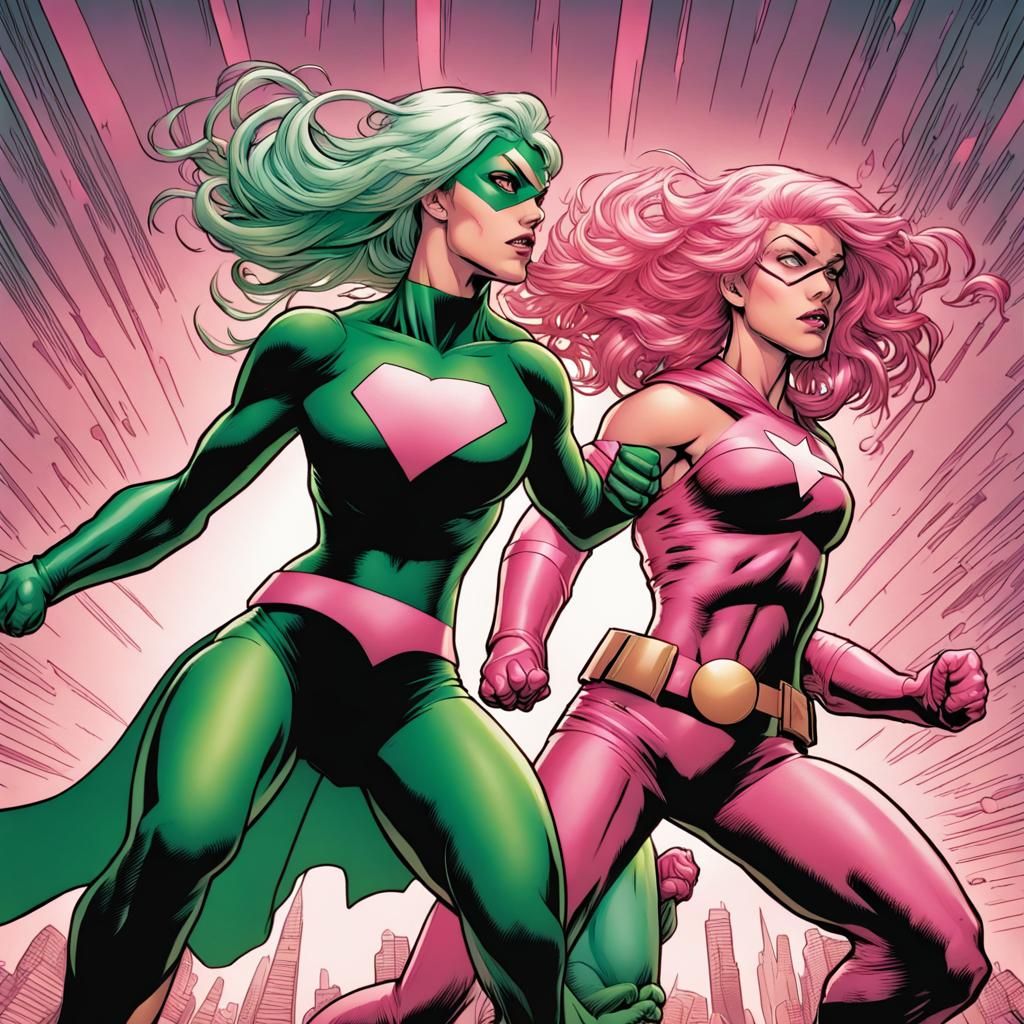 Green and Pink Haired Superhero Comic Art