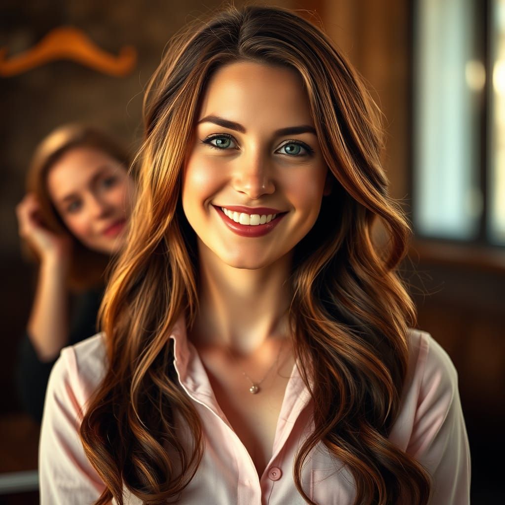 Gentle Woman in Blush Pink Shirts with Warm Smile