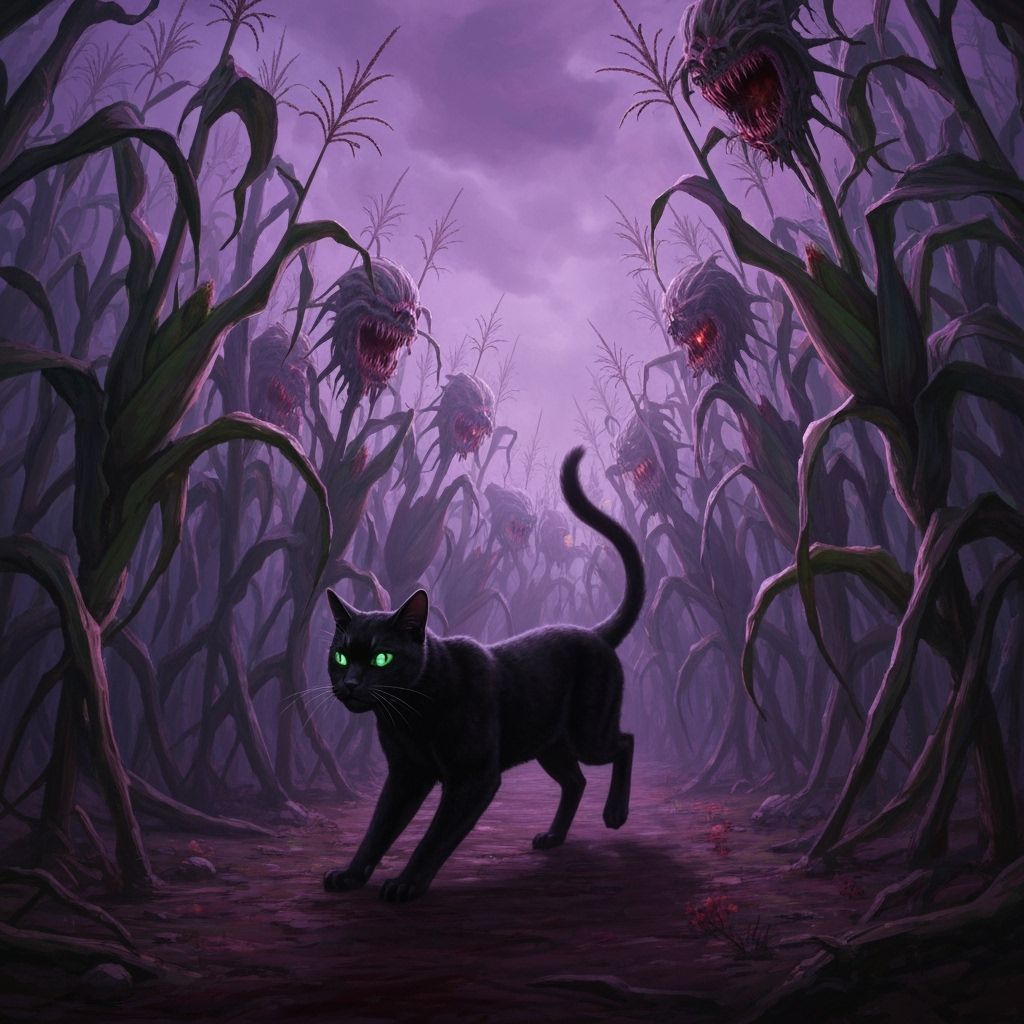 Black Cat Flees Surreal Corn Maze in Nightmare Style