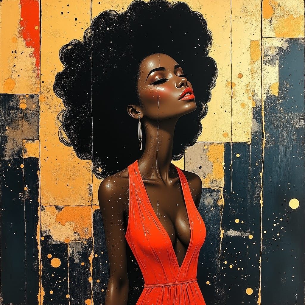 Elegant African Woman in Evening Gown with Abstract Shapes