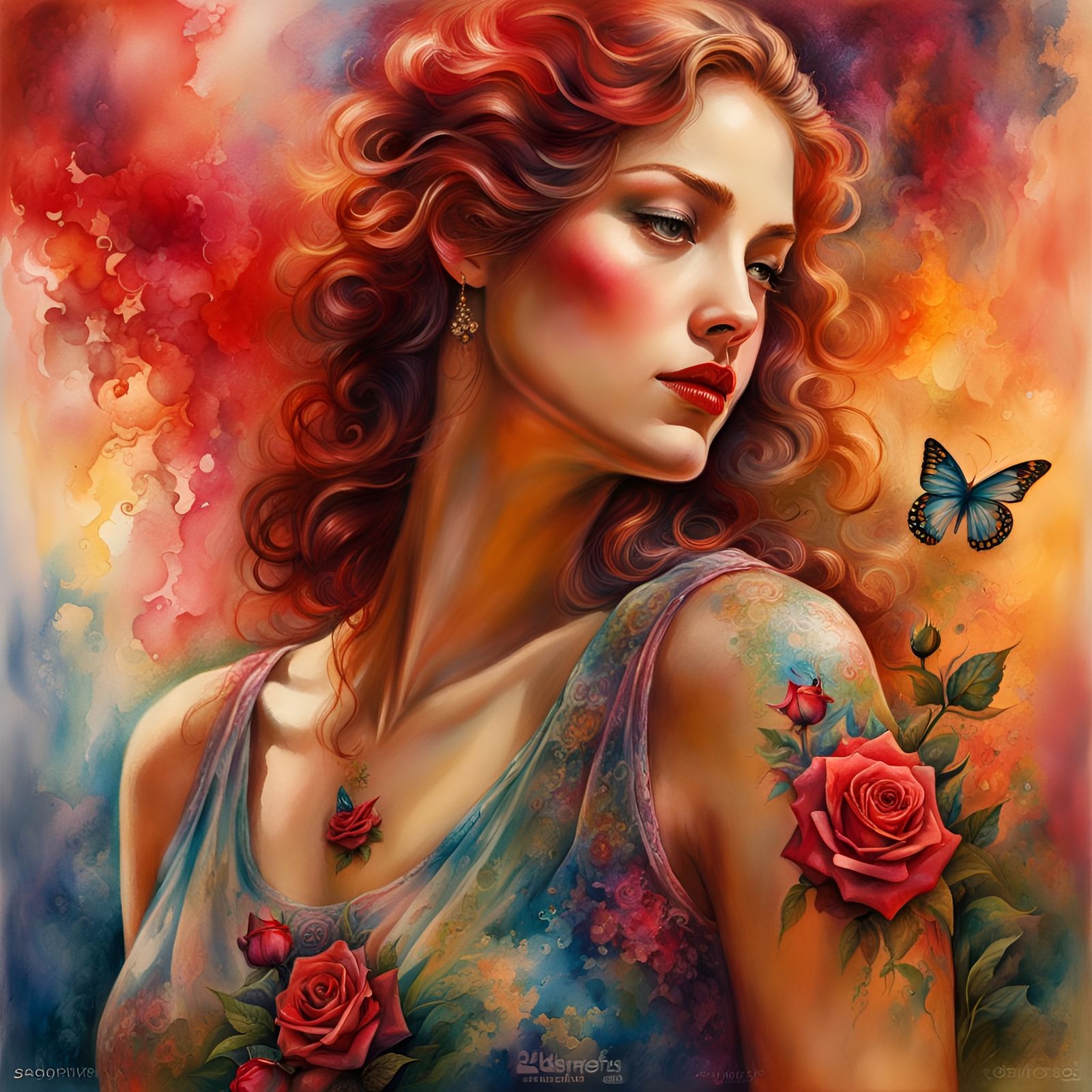 Woman with Rose Tattoo in Watercolor Style