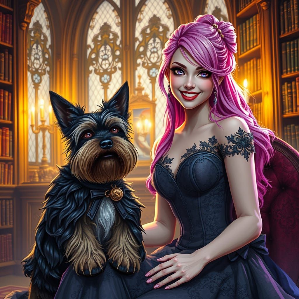 Gothic Woman with Scottish Terrier in Library, Alcohol Ink S...