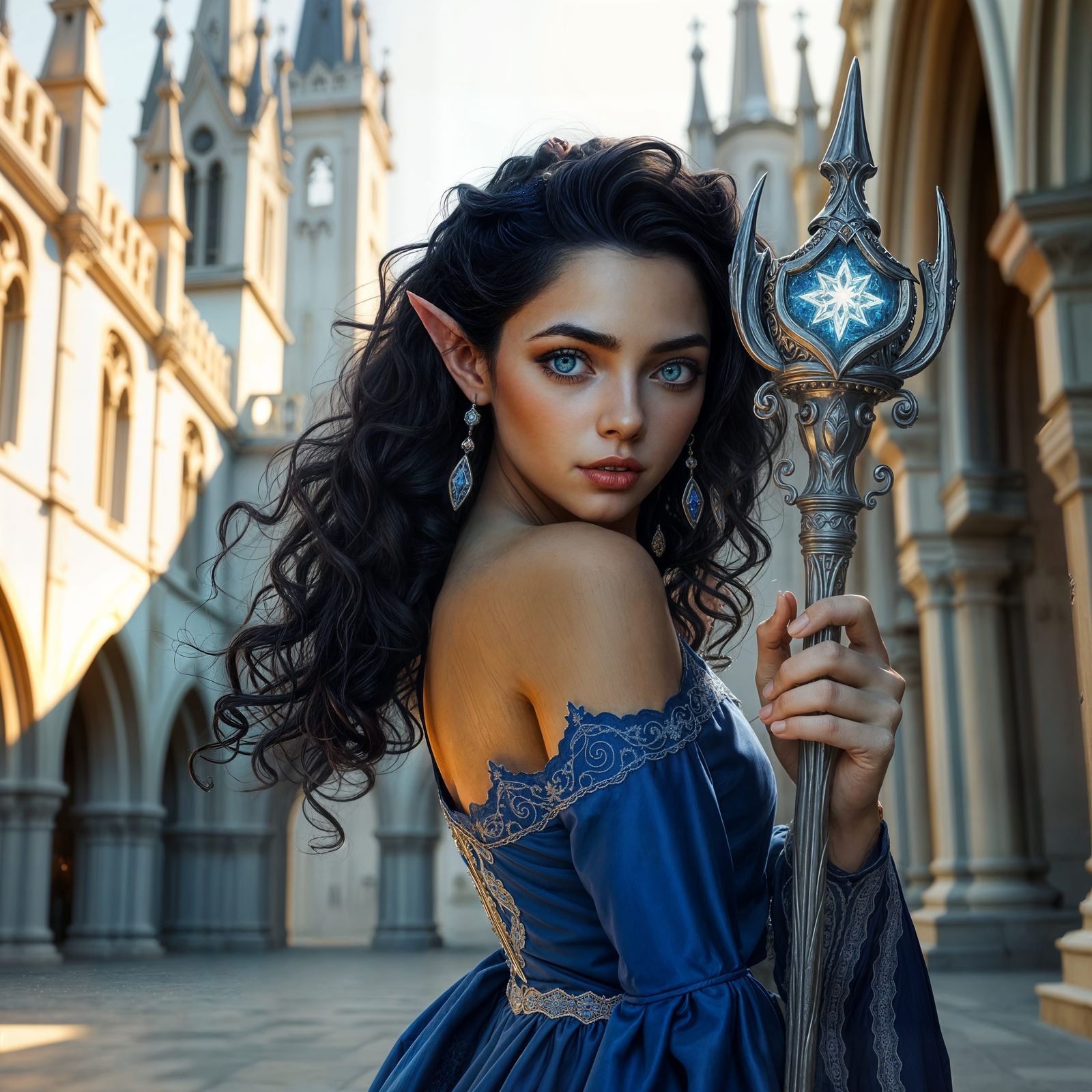 Ethereal High Elf Sorceress in Royal Blue Gown with Silver A...