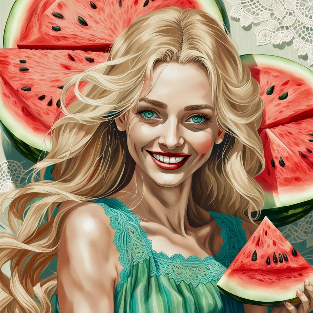 Woman with Watermelon Portrait in Digital Collage Style
