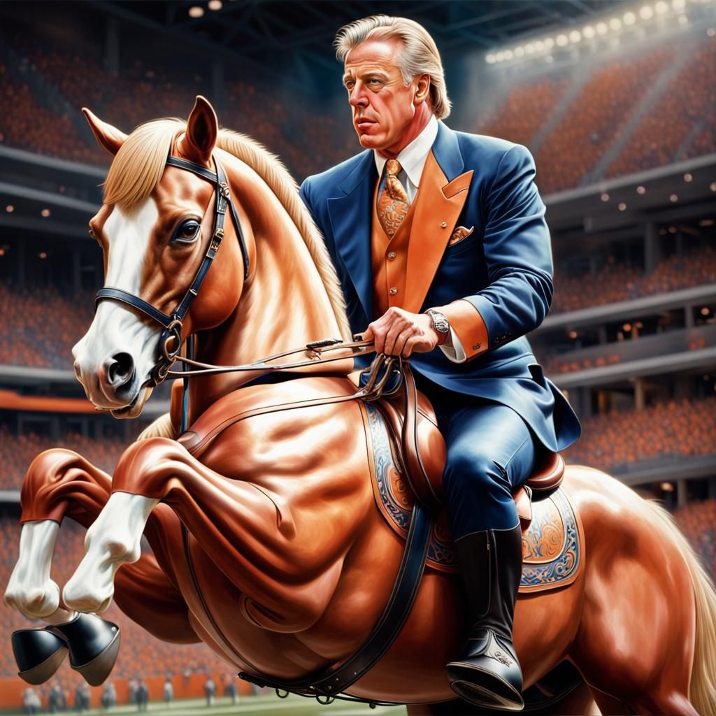 John Elway Rides Rocking Horse: Hyperrealistic Portrait