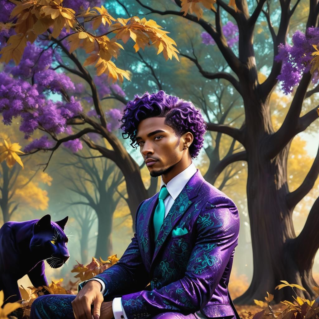 Purple Haired Man with Panther in Autumn Clearing
