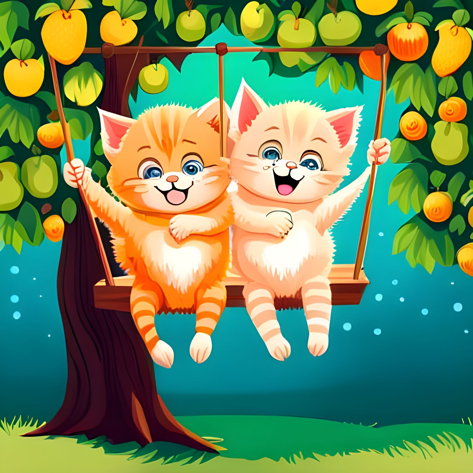 Happy Kittens on Fruit Swing Under Flower Tree