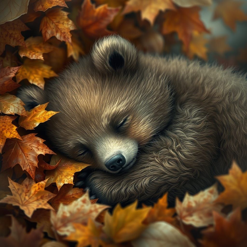 Cute Baby Bear Asleep in Autumn Leaves
