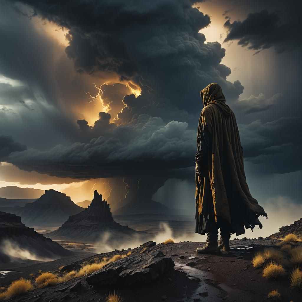 Mystical Figure in Barren Landscape: Cinematic Still