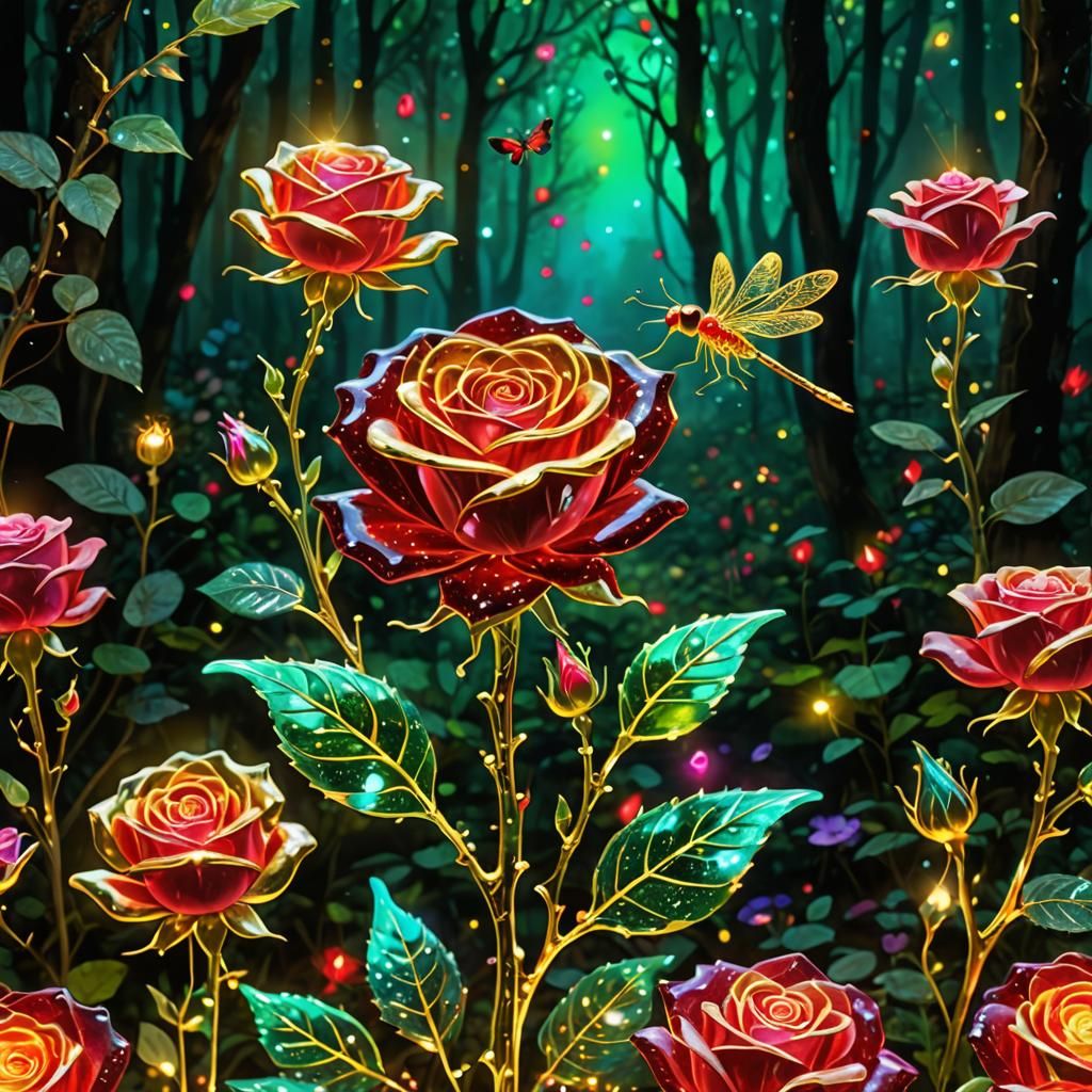 Luminescent Crystal Rose in Bioluminescent Forest