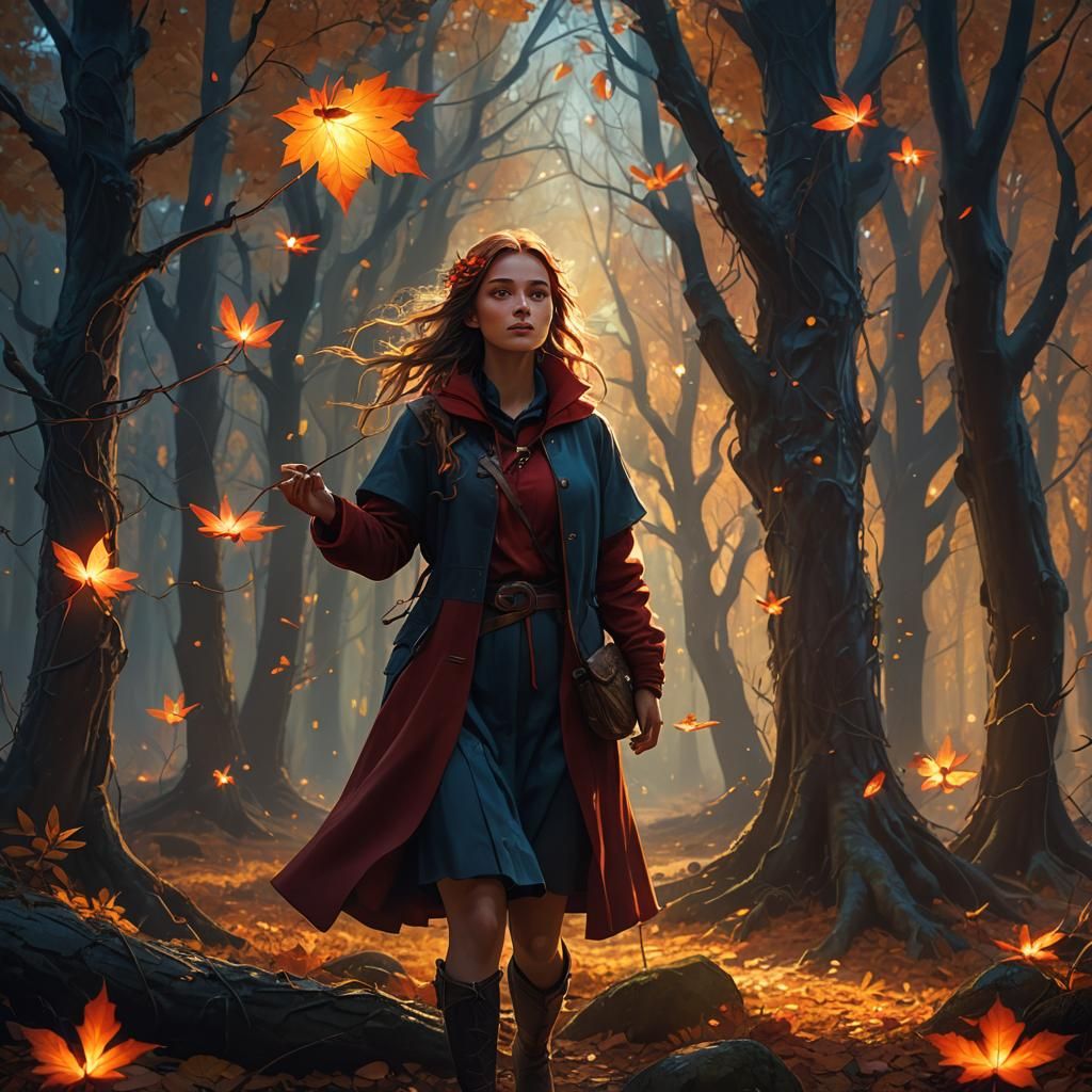 Girl in Autumn Forest with Glowing Leaf