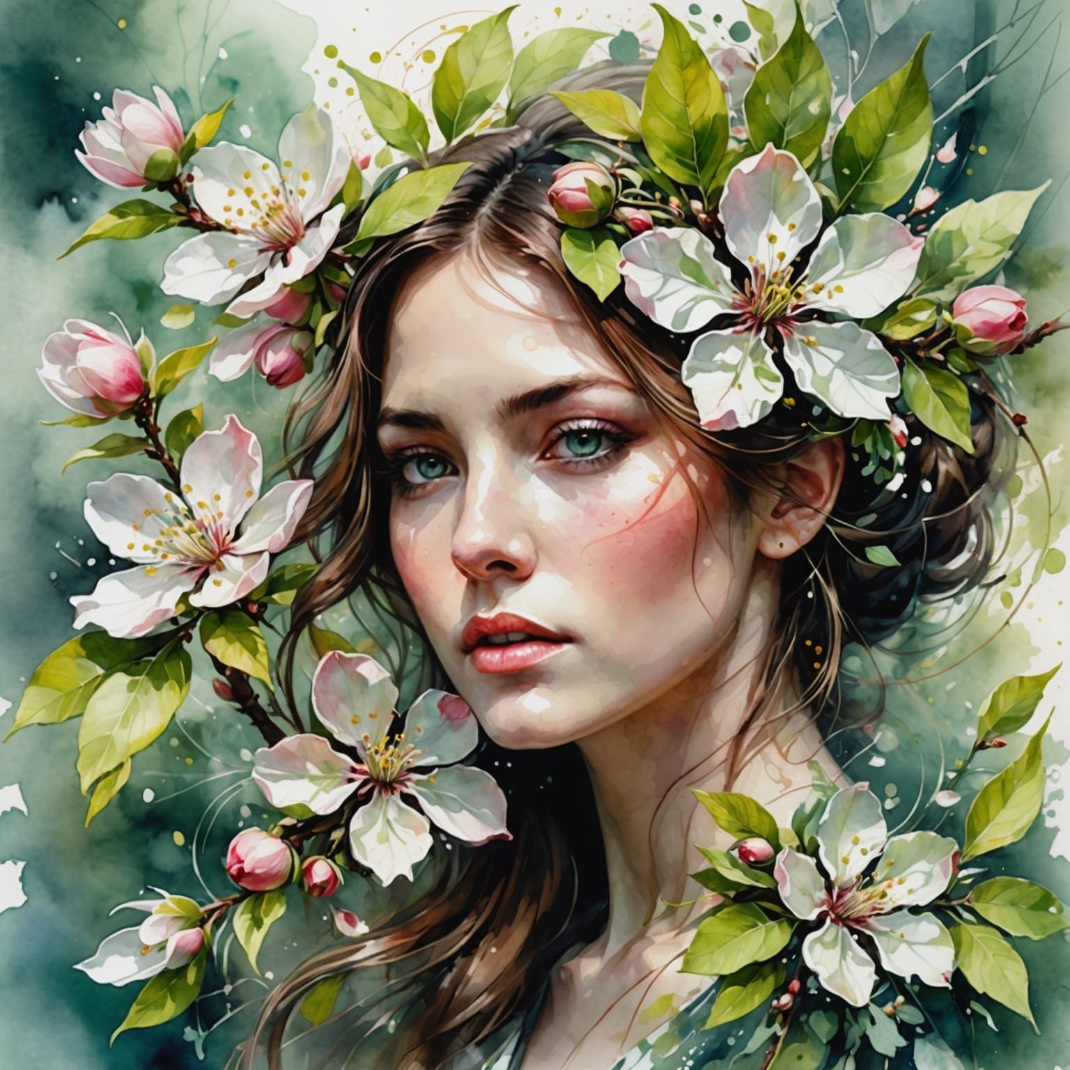 Apple Tree Dryad in Double Exposure Watercolor