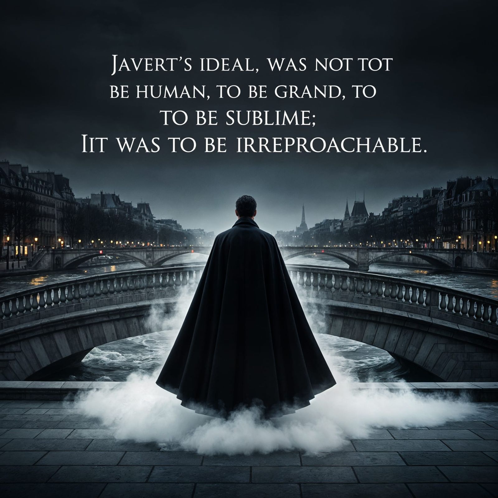 Mysterious Cloaked Man on Paris Bridge at Night