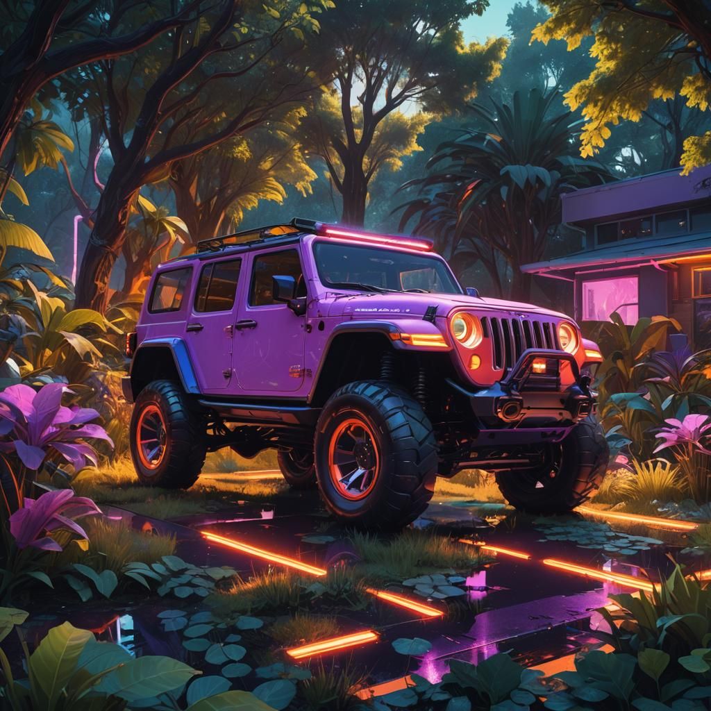 Futuristic Jeep in Vibrant Garden Concept Art