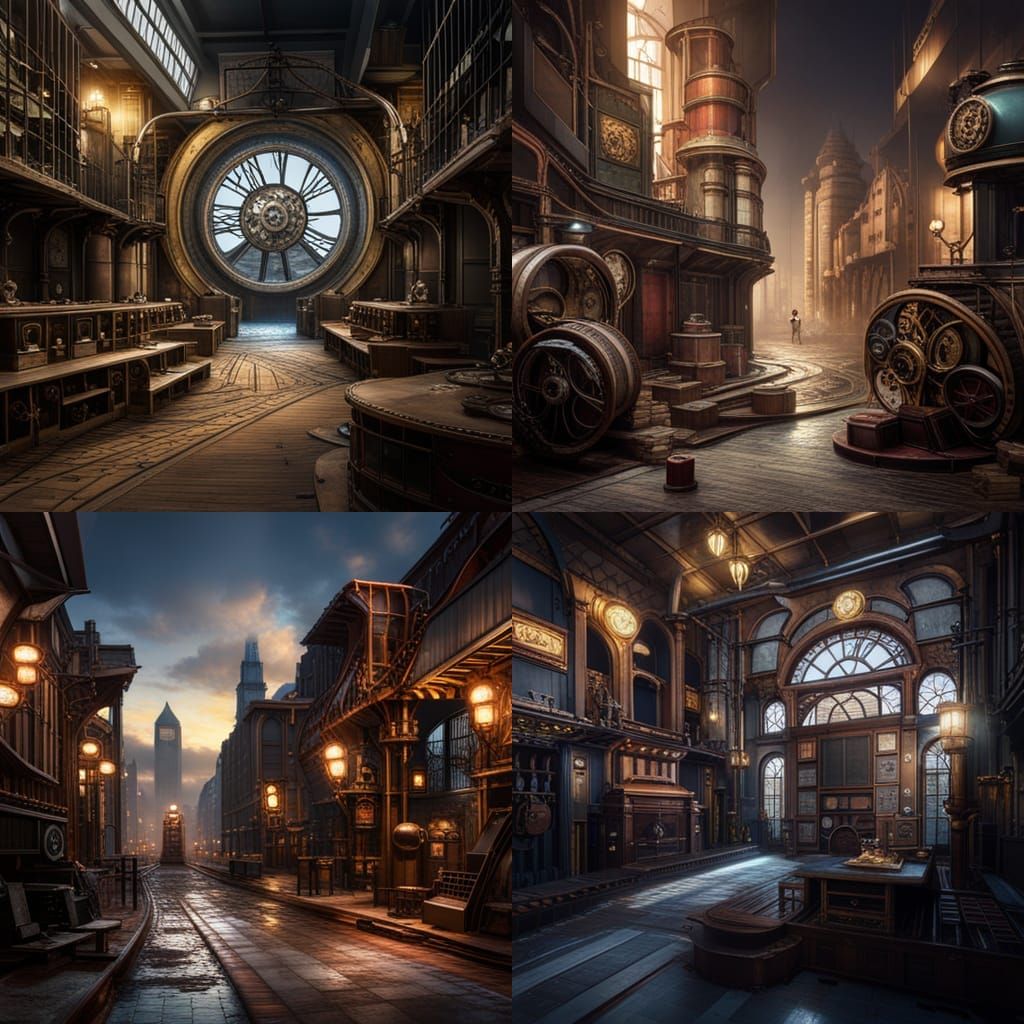 Steampunk Cityscape with Intricate Gears in Matte Painting