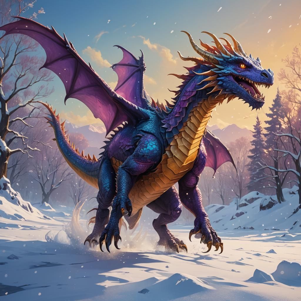 Smiling Dragon Jumps on Snow, Fantasy Concept Art