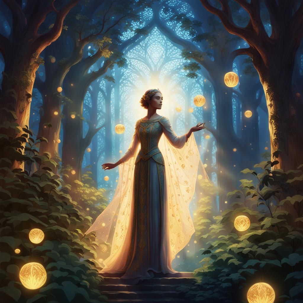 Mystical Forest Scene with Regal Figure in Ethereal Light