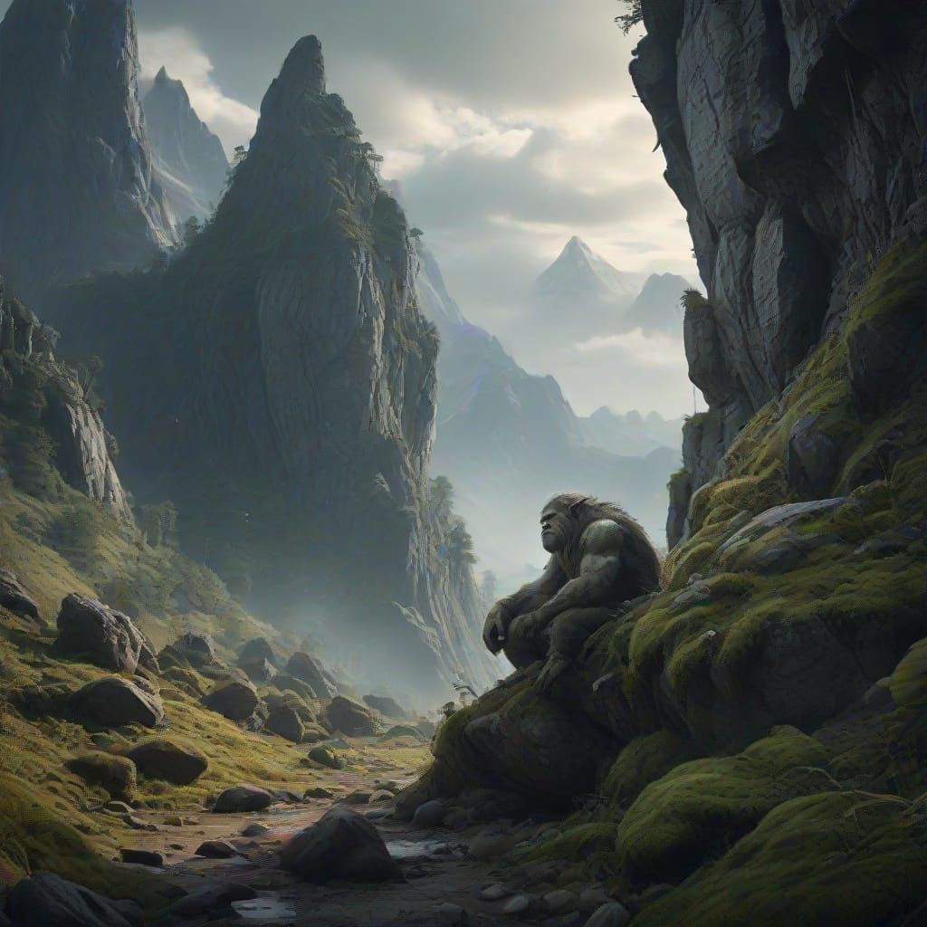 Moss-Covered Mountain Troll Awakens: Digital Matte Painting
