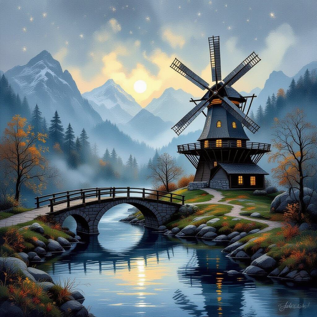 Bridge Over River: Detailed Painting in Watercolor Style