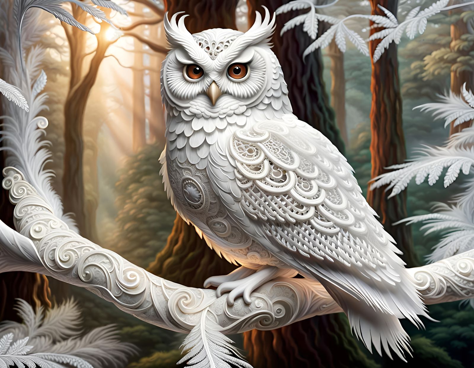 White Lace Owl with Intricate Feather Detail