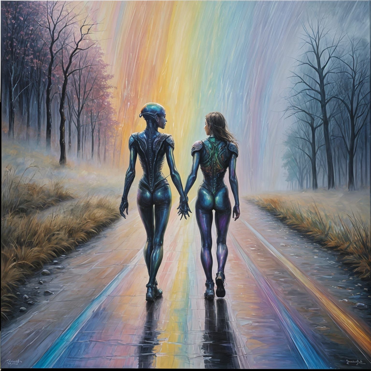 Sapphic Xenomorph Stroll: Iridescent Oil Painting