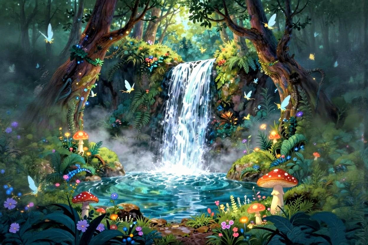 Enchanted Waterfall in Bioluminescent Forest