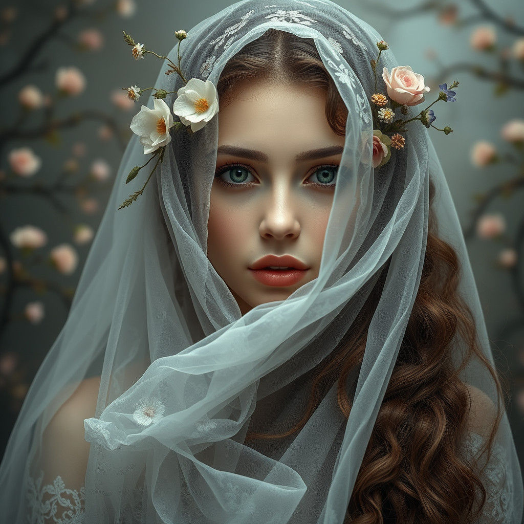 Ethereal Woman with Veil and Flowers in Gothic Art Style