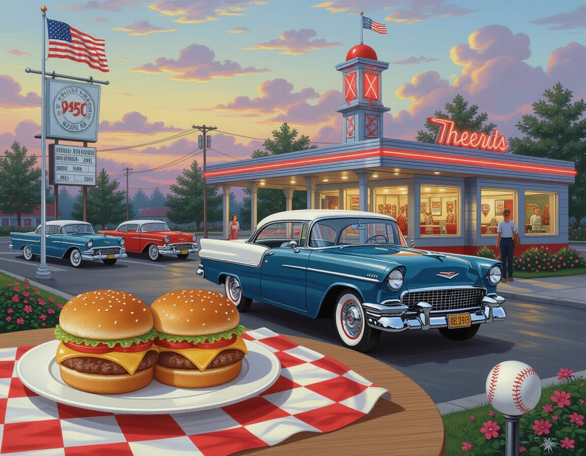 Nostalgic 1950s Diner Scene in Kinkade Style