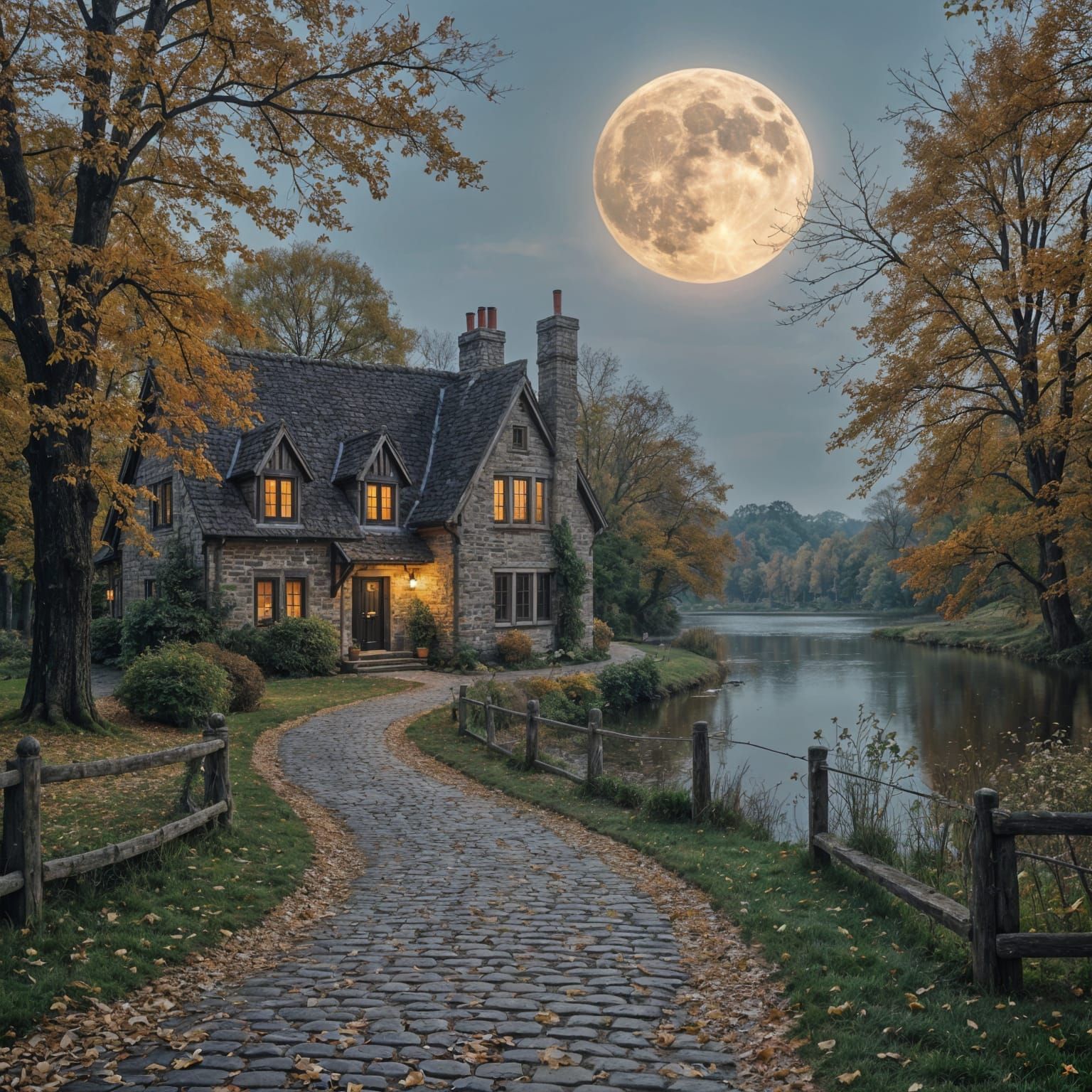 English Cottage by Lake Under Harvest Moon in Autumn