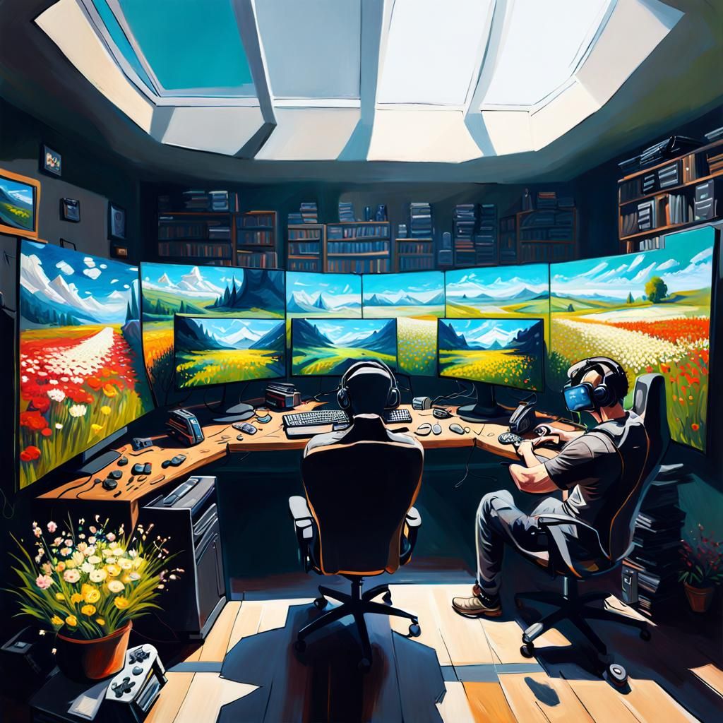 Gamer in Virtual Meadow: An Oil Painting Masterpiece