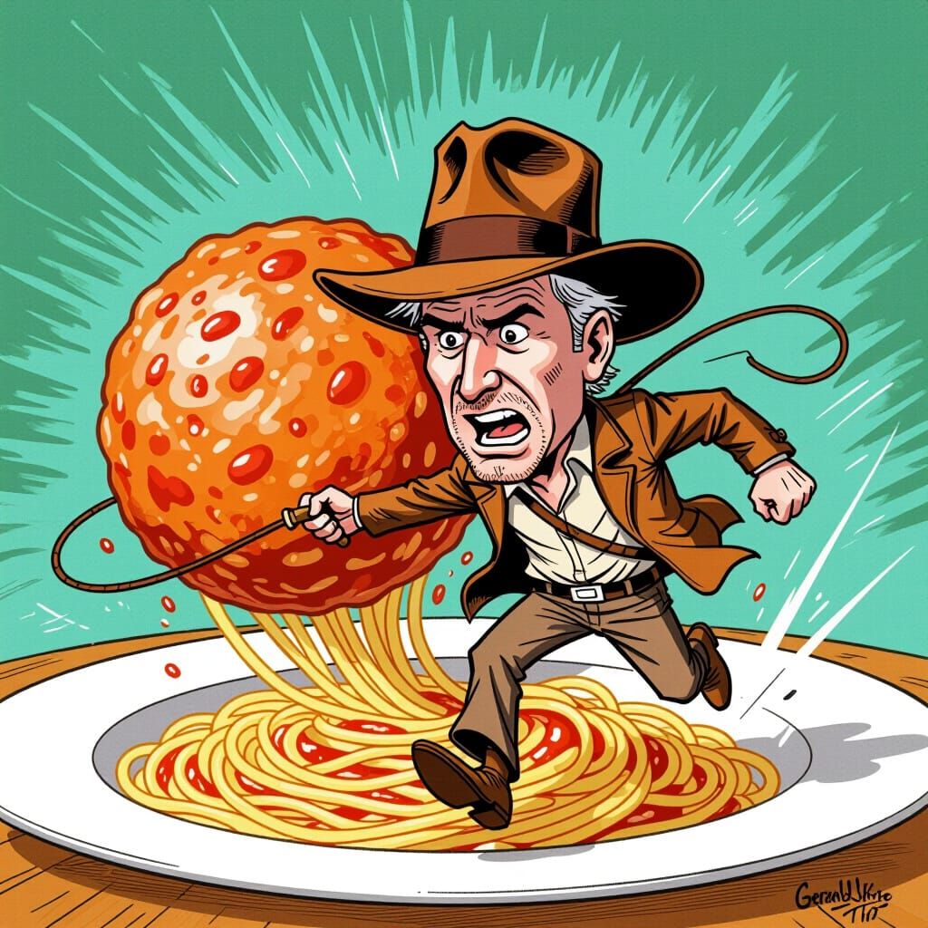 Indiana Jones Running from Giant Meatball Caricature