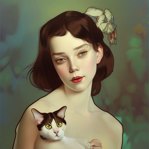 Girl with Cat in Foujita-Inspired Concept Art