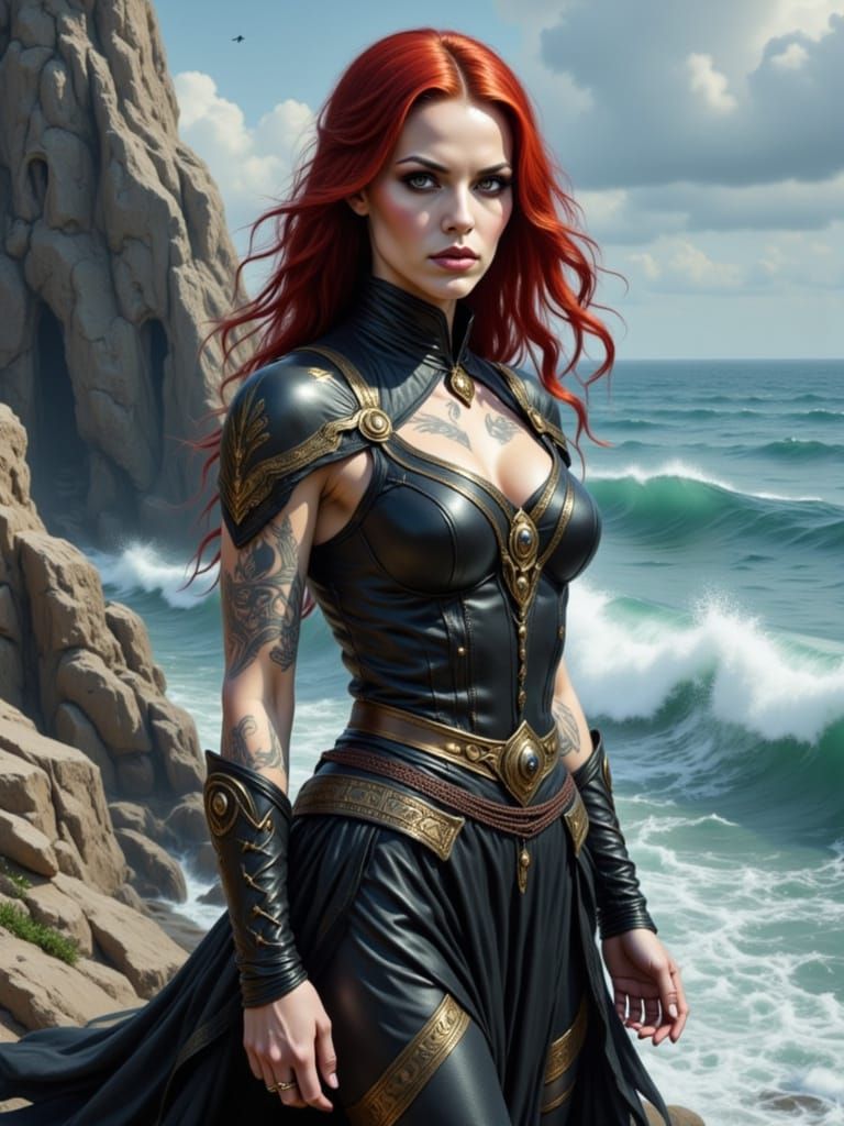 Celtic Warrior Woman with Crimson Hair in Fantasy Art Style
