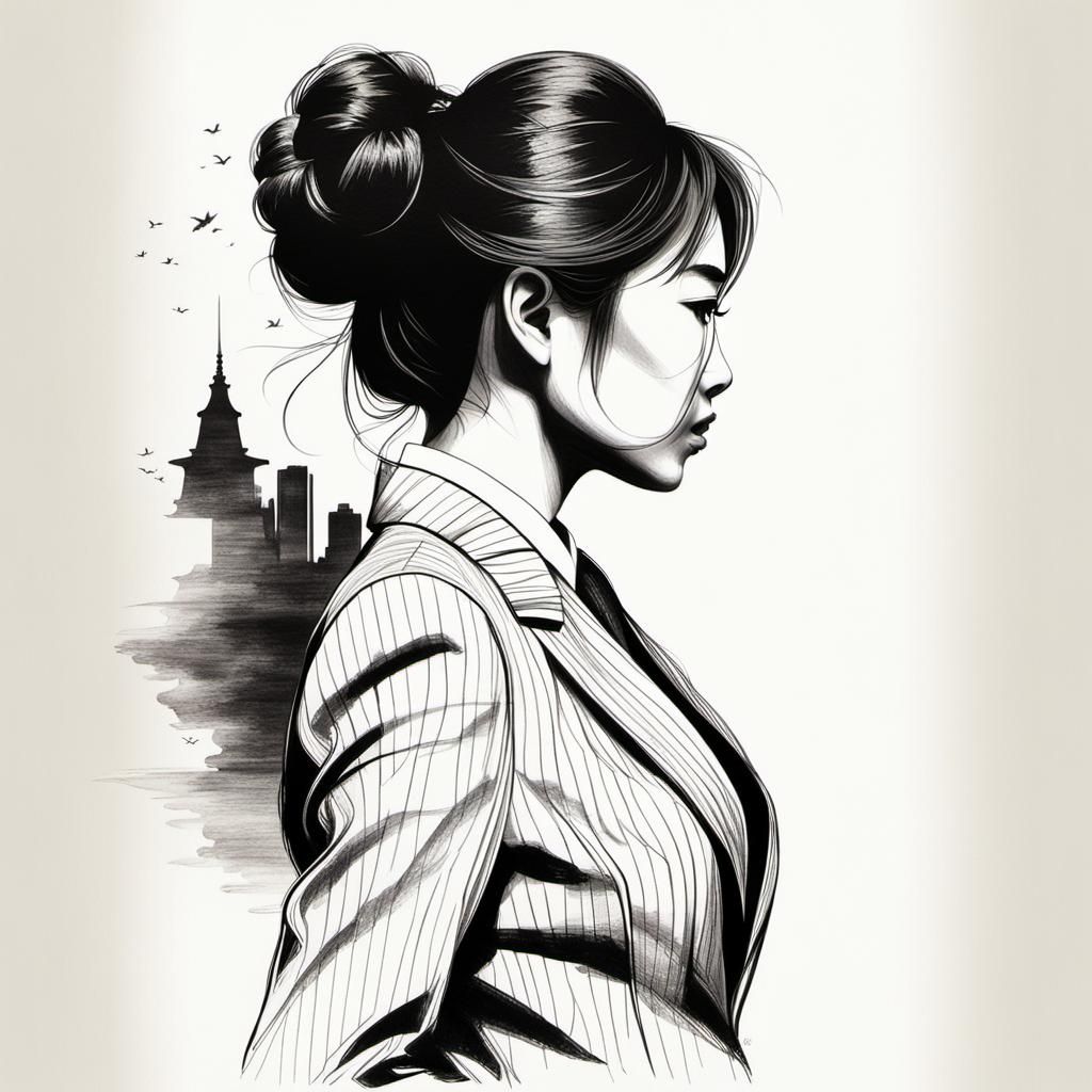 Silhouette of an Asian Businesswoman: Romantic Pencil Sketch