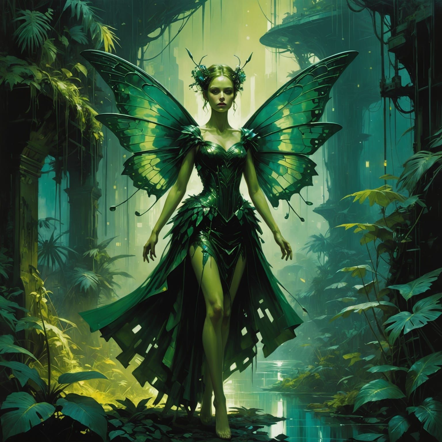 Green Fairy in Jungle, Epic Futurism Style