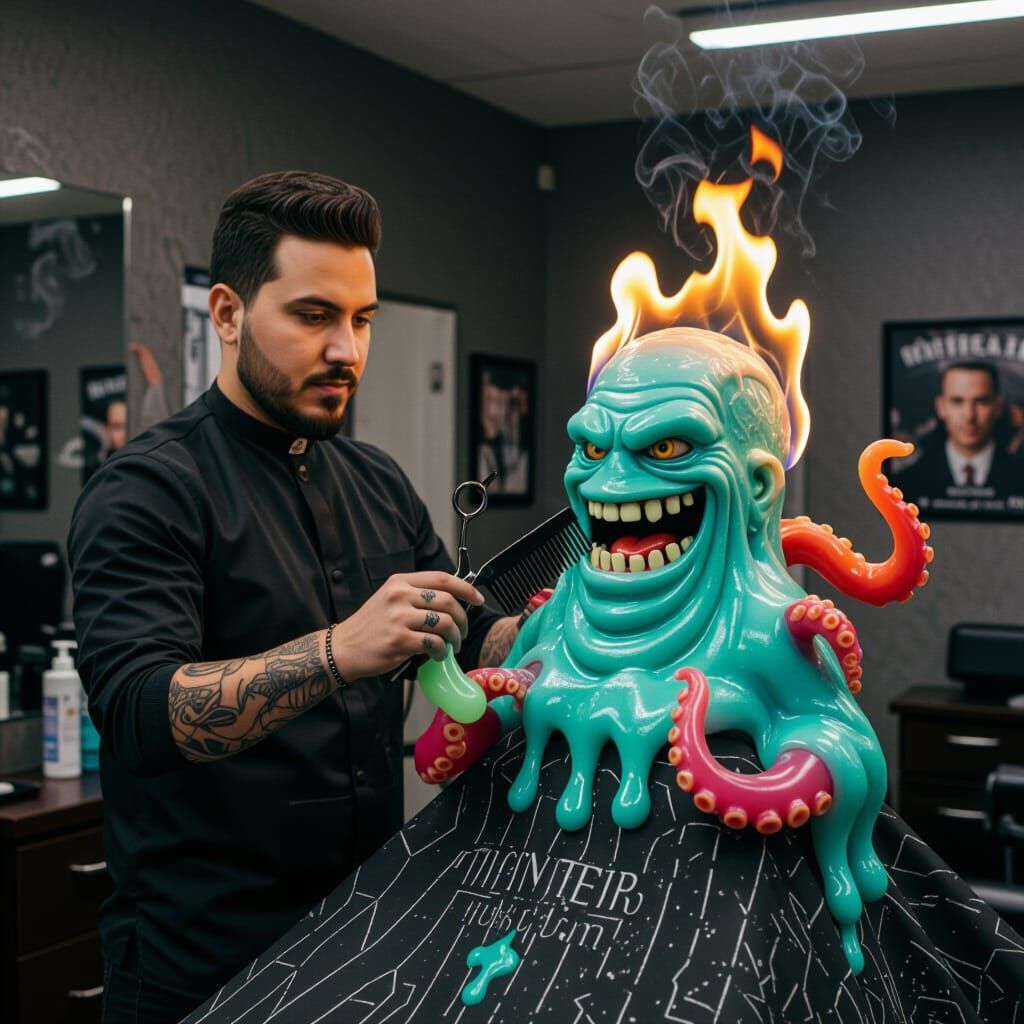 Barber Cuts Hair of Fiery Slime Poltergeist
